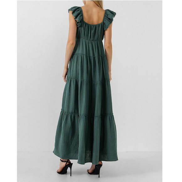 Free the Roses Green Ruffle Sleeve Tiered Maxi Sweetheart Neckline Dress Large - Picture 3 of 4